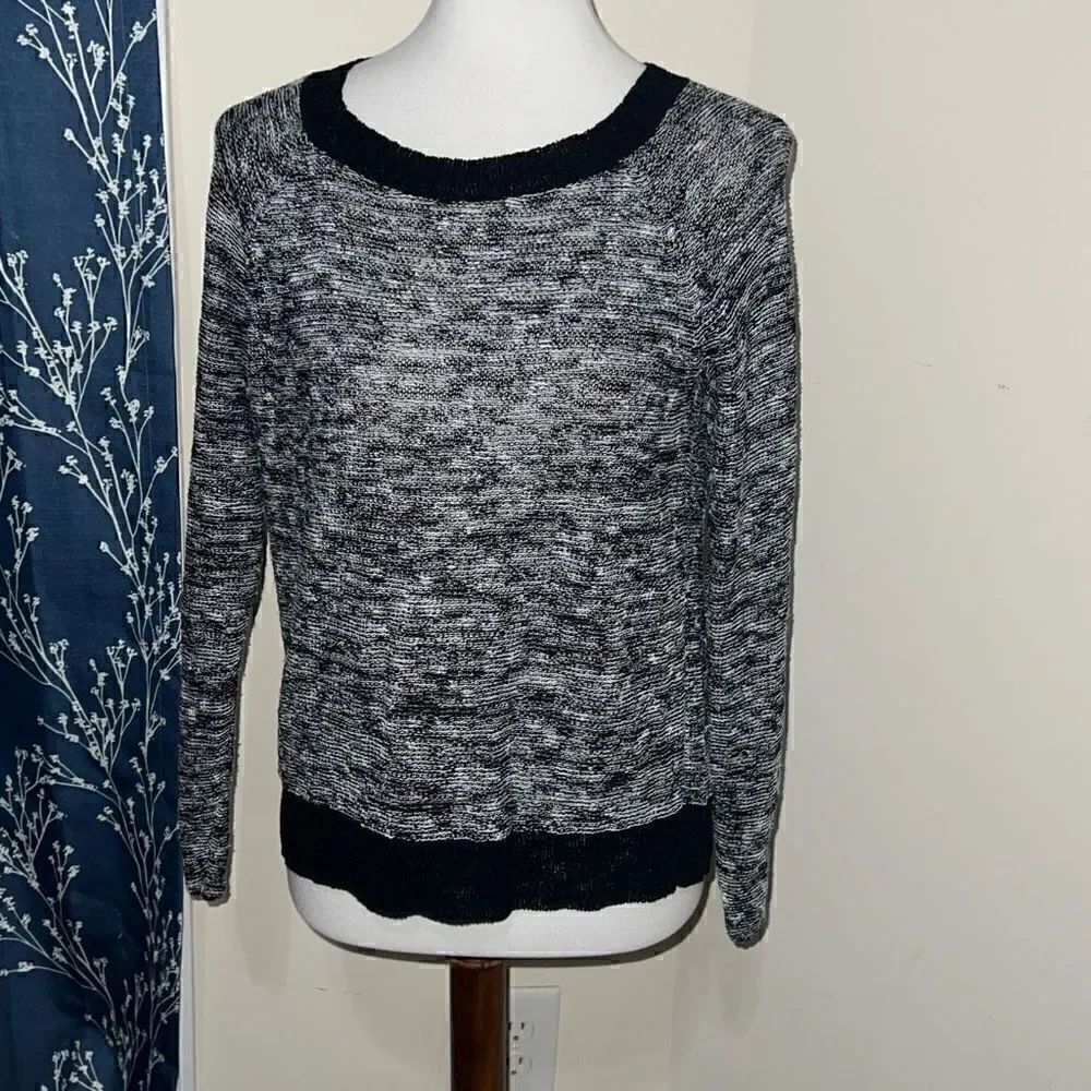 Eileen Fisher Black White Marled Long Sleeve Linen Blend Sweater Petite sz Small